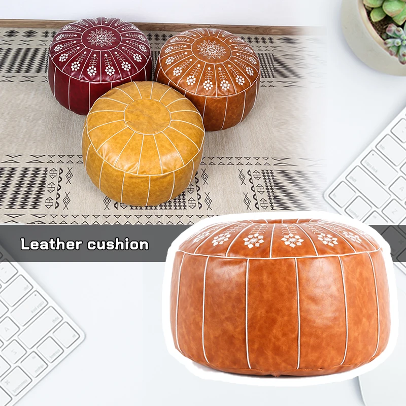 Moroccan PU Leather Pouf Nordic Mandala Embroider Craft Hassock Ottoman Footstool Artificial Leather Unstuffed Cushion