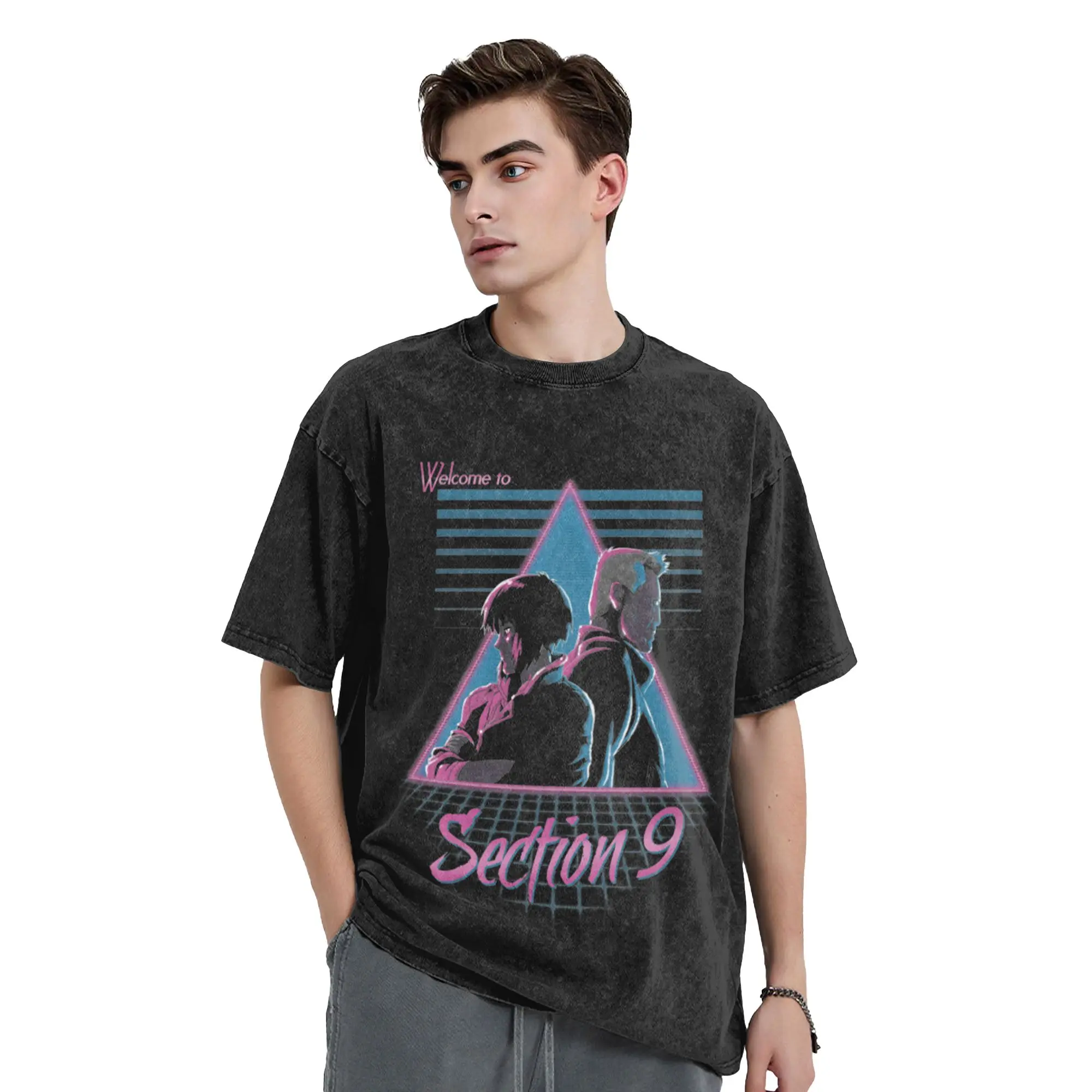 Priting Ghost In The Shell Section 9 Vintage Washed T Shirt O-neck Short Sleeve Tops Awesome Vaporwave Cotton Summer Clothing