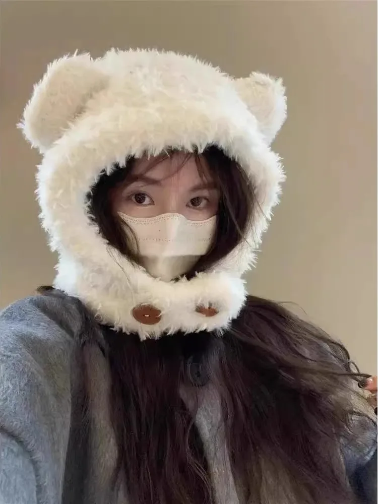 Adorable Bear Plush Hat Large Head Size Ear Protection Overhead Cap New 2024 Sweet Style Travel Youth Fashion Hat