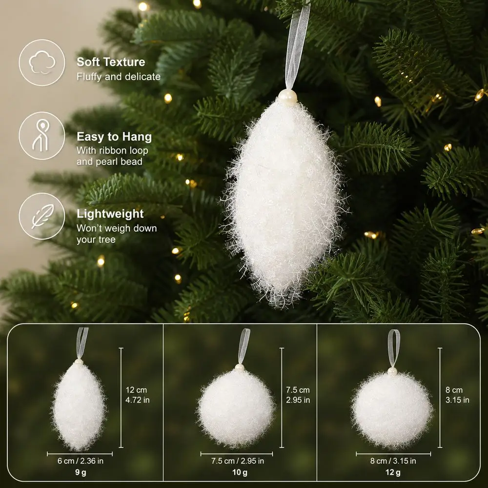 White Christmas Tree Ornament Fine Glitter Threads Texture Christmas Ornament Ribbon Hanging Loop Lightweight