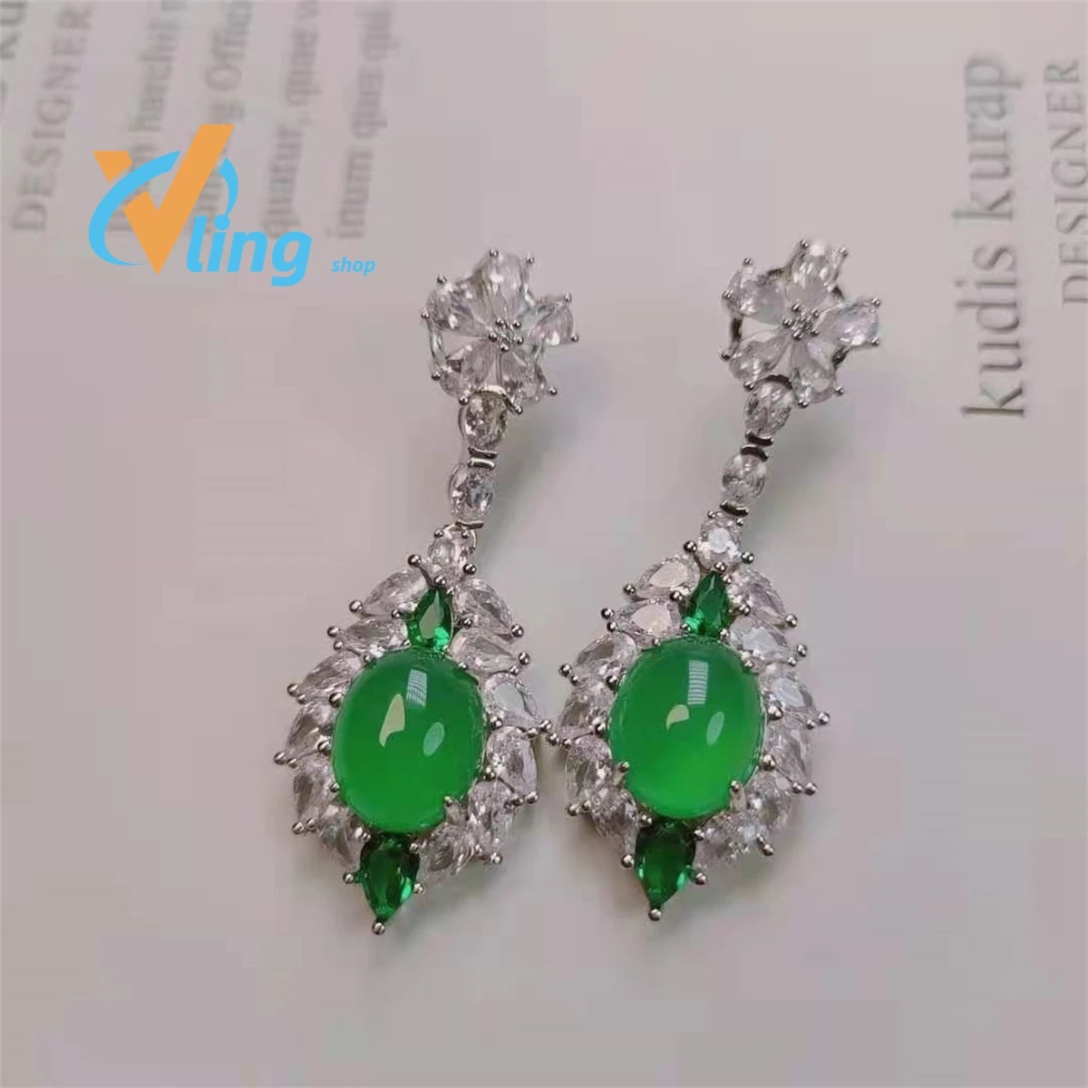 New S925 Silver Inlaid HighGreen Jade Chalcedony Earrings Women's Fashion Glow with Ice SeedsJewelry Exquisite Gift Charm Pink