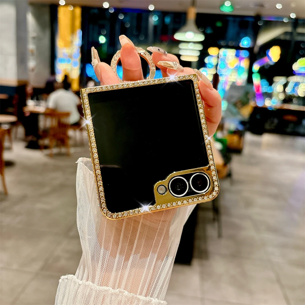 เคสหนัง PU ชุบลายหรูหรา พร้อมที่วางแหวน สำหรับ Samsung Galaxy Z Flip 7 6 Flip 5 Flip 4 Zflip 3 ประดับเพชร กันกระแทก
