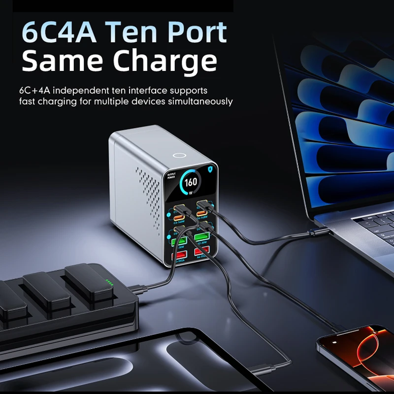 160W GaN Charger Digital Display 10 in 1 Desktop Power Station PD+QC Charger USB Type C For iPhone 17 16 Laptop Smartphone Table