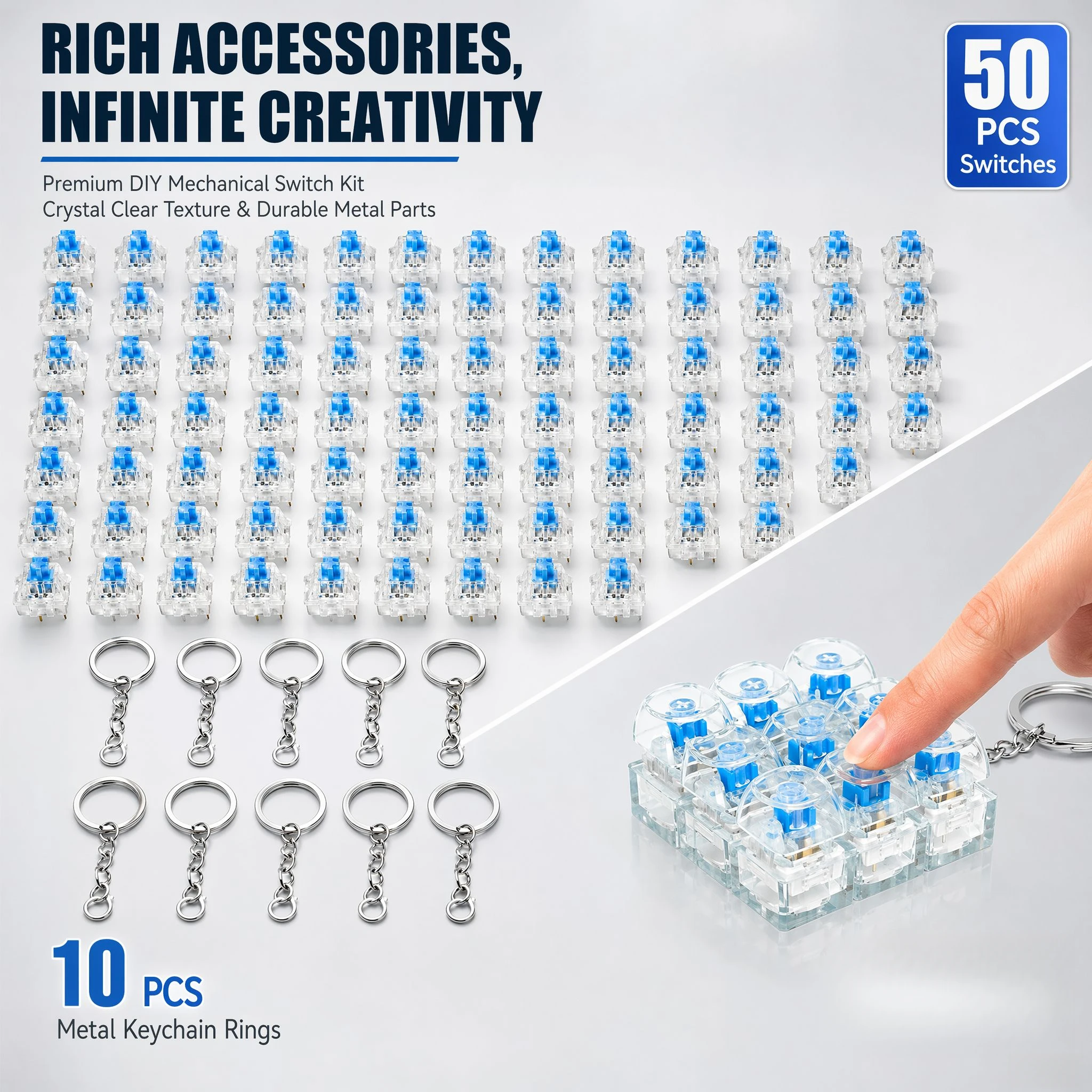 36/50/75PCS Keyboard Clickers for 3D Prints, Strong Tactile Bump, 3-Pin Mechanical Keyboard Switches Extra 10PCS Metal Keychain