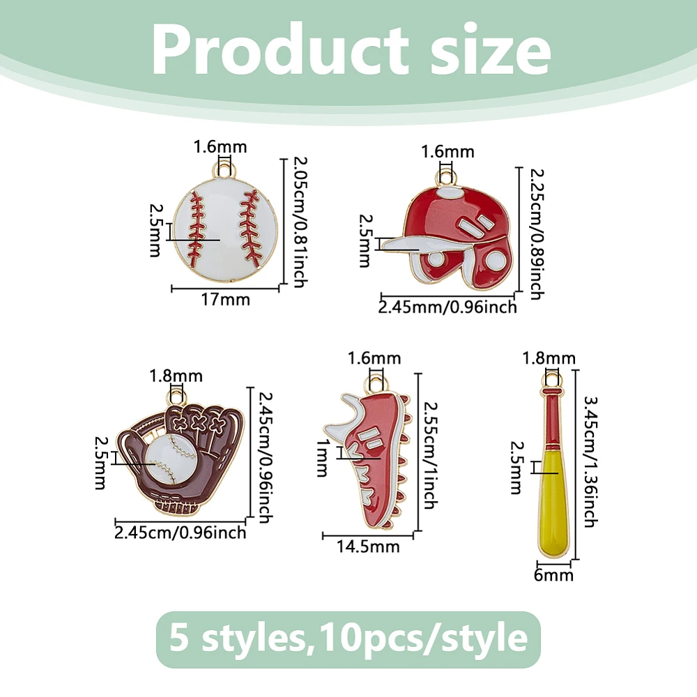50Pcs 5Styles Sport Charm Bulk Baseball Theme Charm Alloy Enamel Sport Pendant Baseball Bat Cap Shoes Gloves Charms for Necklace