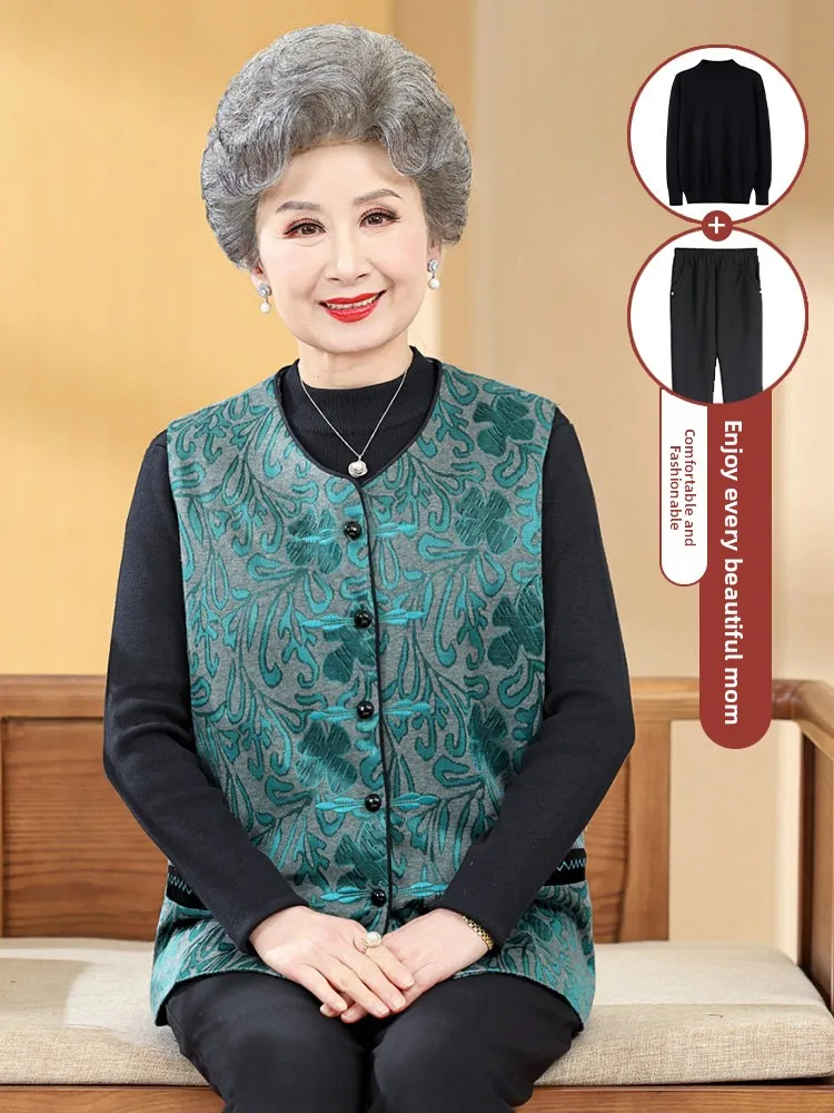 Stylish Vest for Elderly Women Autumn Spring Outerwear Breathable Polyester Fiber round Neck Single Button Closure Casual Style