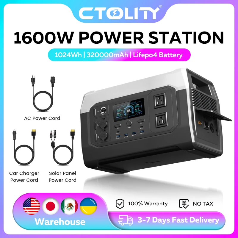 CTOLITY 1800W Camping Portable Power Station Outdoor 1024Wh Lifepo4 AC Outlets Pure Sinve Wave Solar Generator for Garden Party