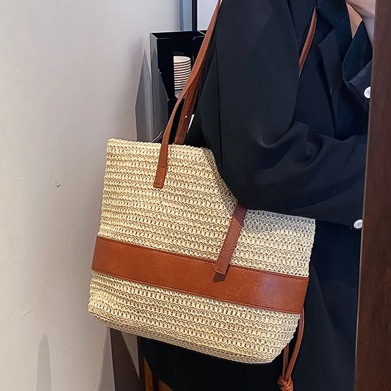 Summer Straw Bag For Women Woven Handmade Handbag Large Capacity Lady Tote Vacation Beach Bag Rattan Shoulder Bag splicing Totes