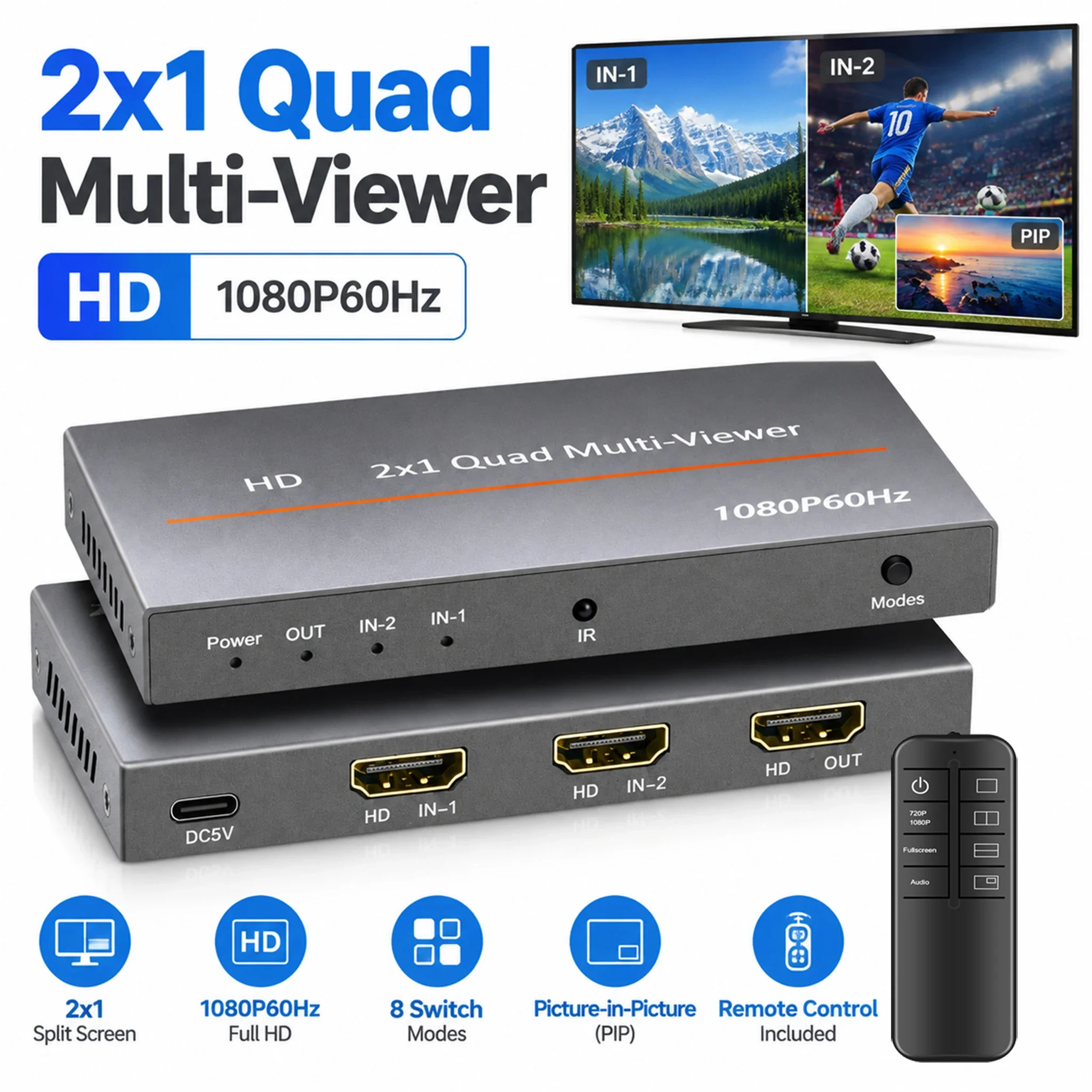 HDMI  2 in 1 Quad Multi-Viewer 1080P 60Hz out HDMI MultiViewer Seamless Switcher 8 Display Modes for Monitor Projector Laptop