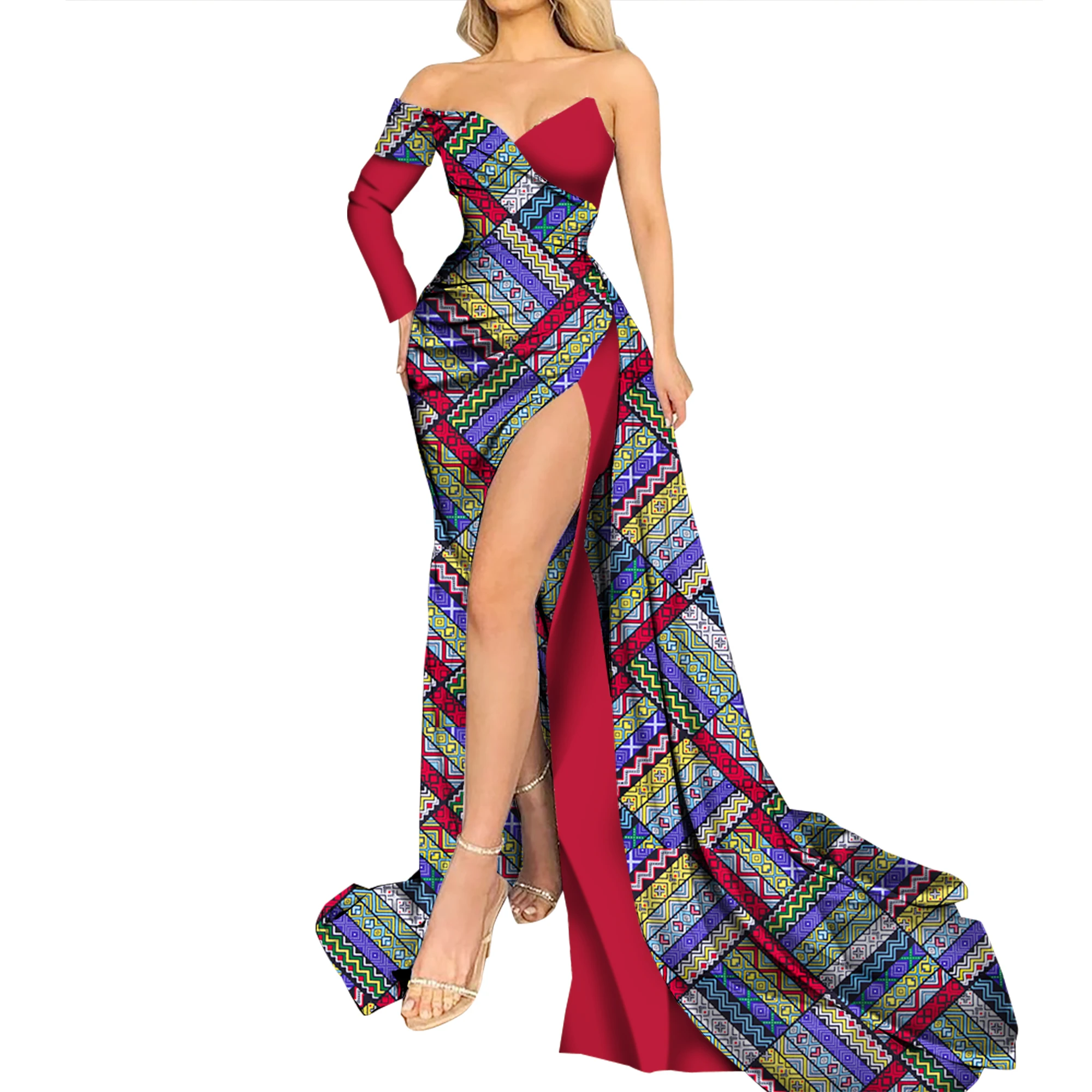 فستان ماكسي أفريقي للنساء كم واحد بدون أكتاف فستان الحفلات طول الأرض فساتين مطبوعة أفريقية رداء أفريقي نسائي WY9914