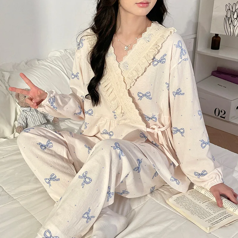 

Lace V Neck Loose Maternity Nursing Sleepwear Sets Sweet Cute Cartoon Printed Cotton Pajamas Suits for Pregnant Women Pregnancy