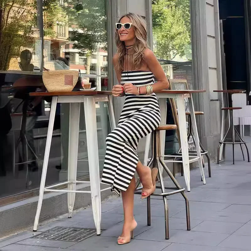 Stripes Sexy Summer Dress Women's Vintage Elegant Sleeveless Chest Wrapping Slim Pleated Sundress Split Hip Party Long Dresses