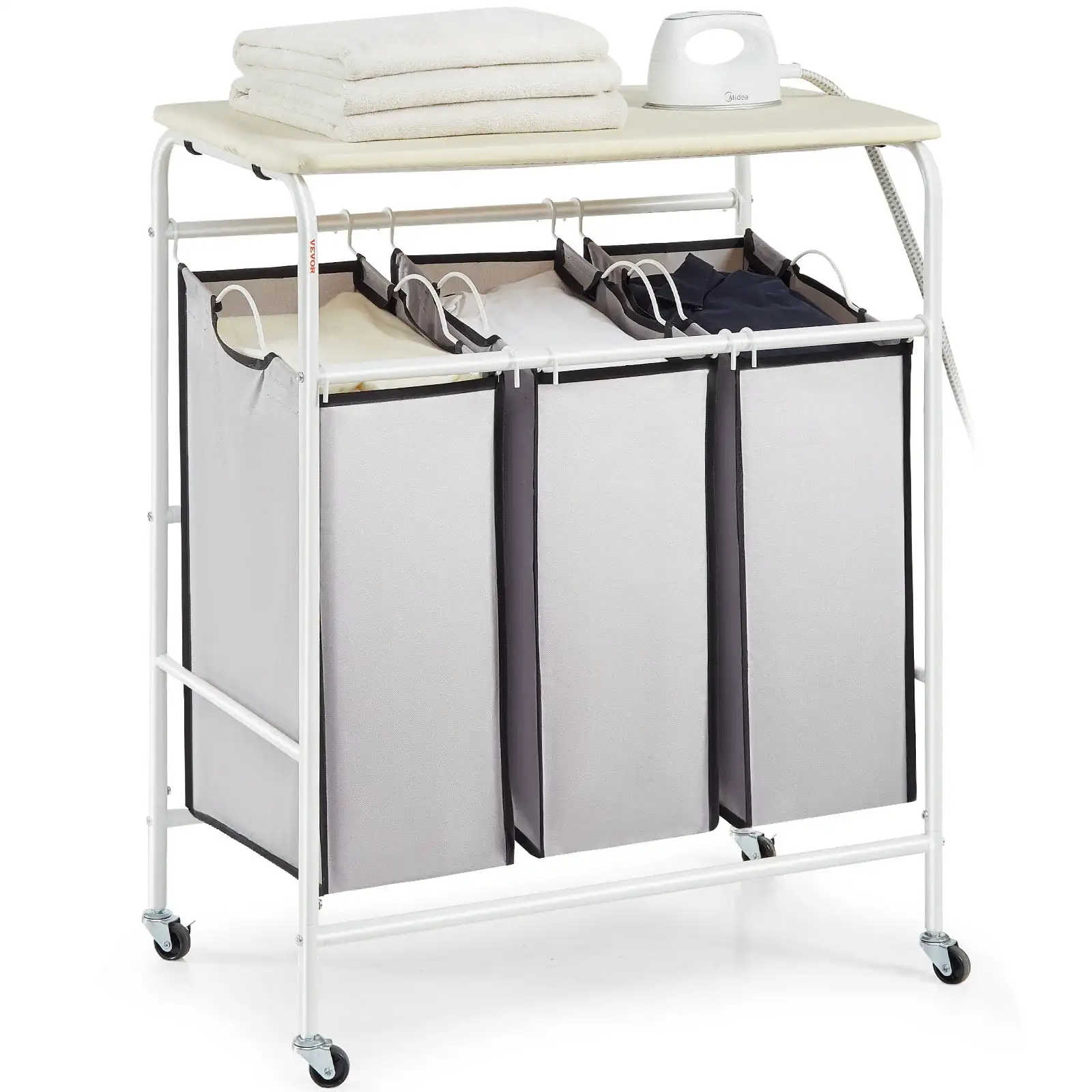 

Laundry Sorter Cart 3-Section Rolling Laundry Basket Organizer with Ironing Board Top & Removable 3 Bags White