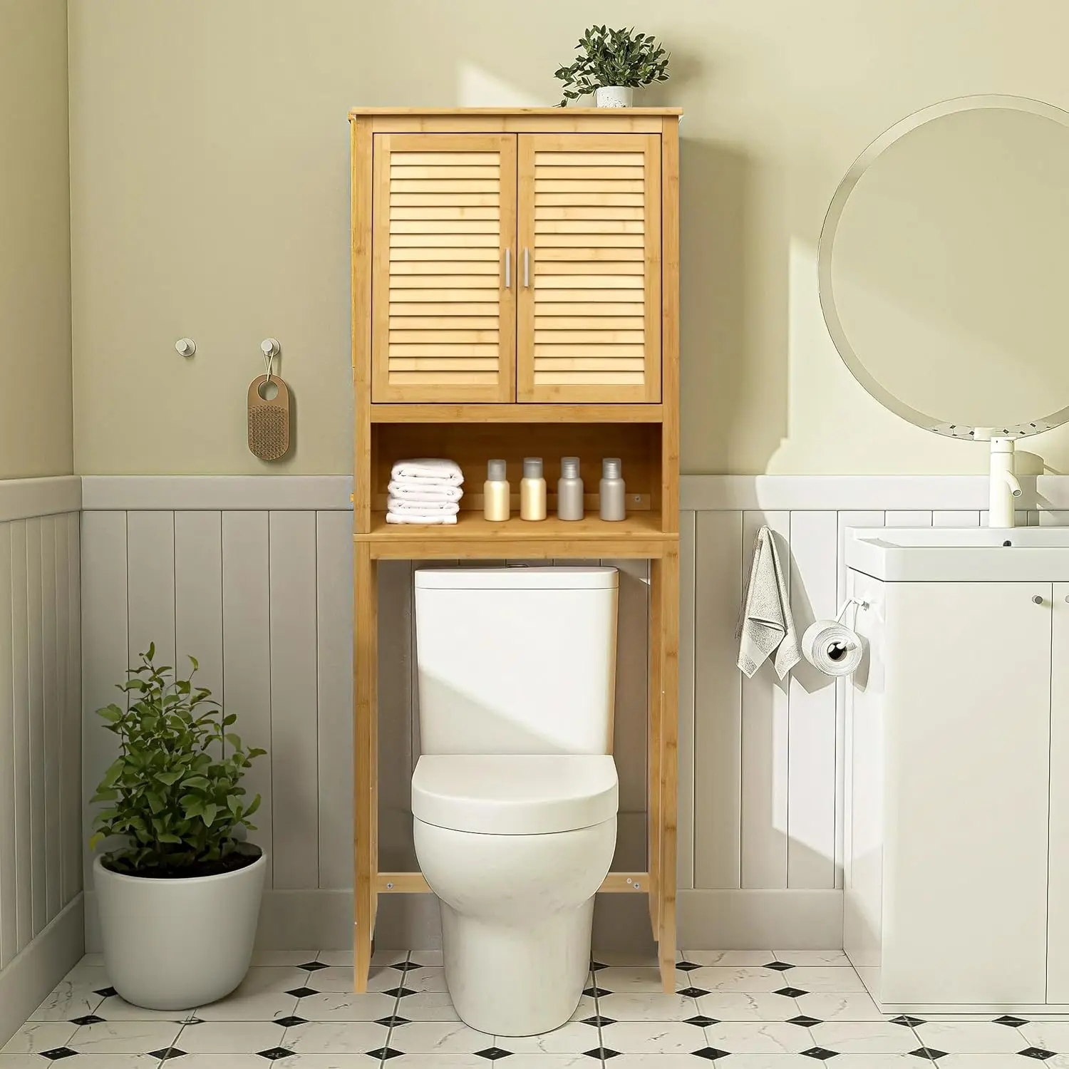 Bamboo Over-Toilet Storage Cabinet with Bottom Shelf & Double Door Organizer, Bathroom Space Saver, Free Standing, Customized