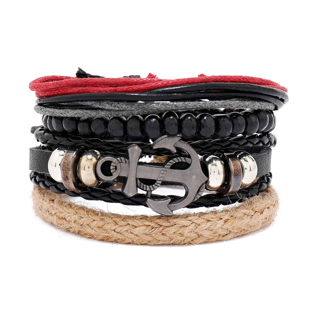 Leather Bracelet For Men Street Shot Sea Anchor Vintage Hemp Rope Multi layered Cowhide Bracelet Handrope Punk Bracelet Set