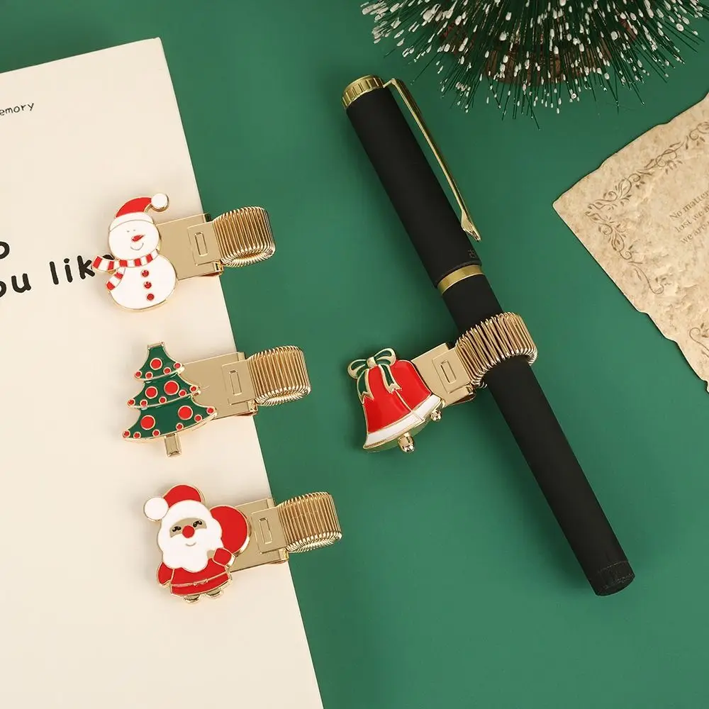 Christmas Pen Loop Holder Metal Spring Pen Clip Anti-lost Pencil Holder Multi-functional Bookmark Stationery Accessories