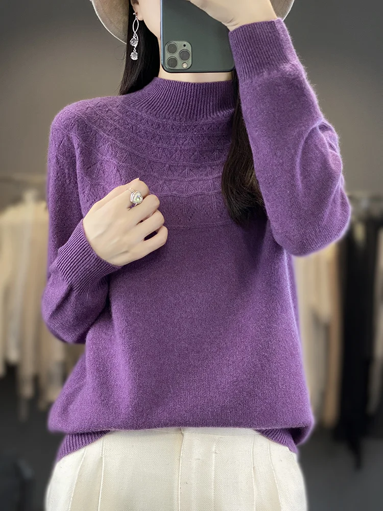 

Fashion 100% Merino Wool Sweater Mock Neck Cashmere Pullover Basic Autumn Winter Soft Hollow Out Long Sleeve Clothing Tops