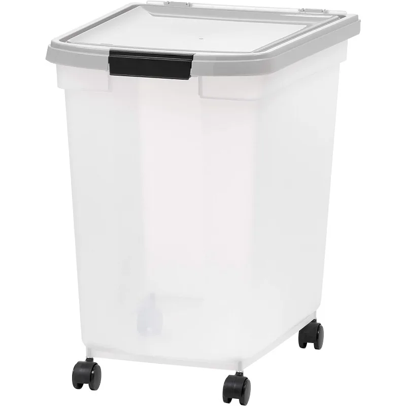 

USA 50 Lbs/65 Qt WeatherPro Airtight Pet Food Storage Container with Removable Casters, Clear/Gray