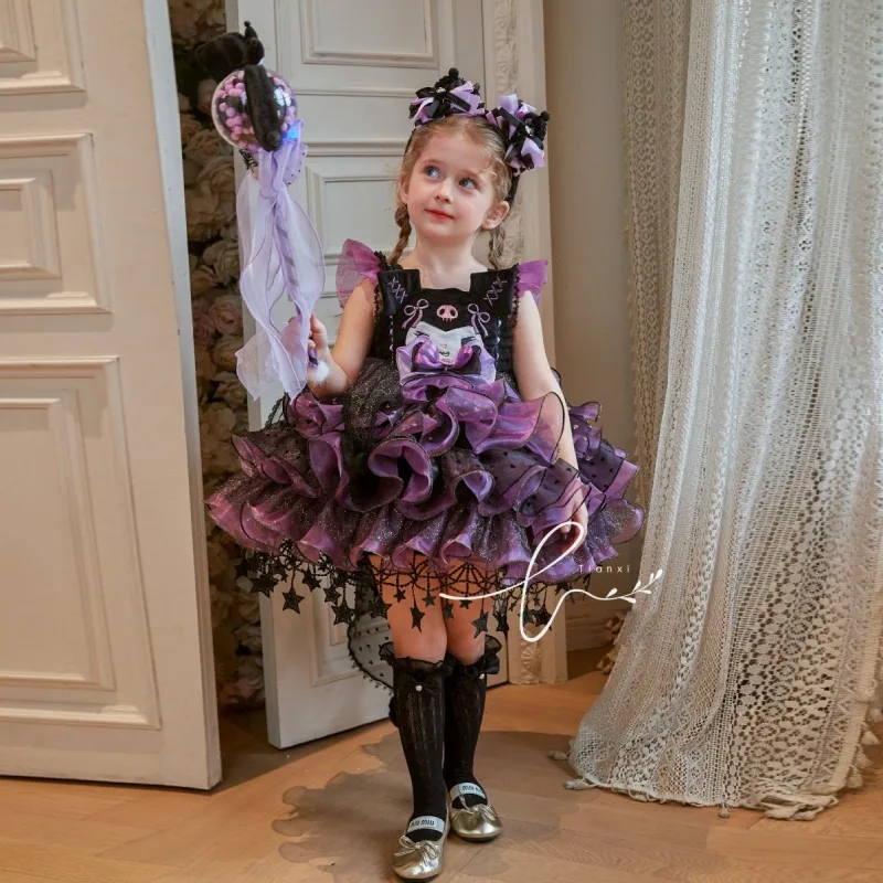 Girls Sleeveless Gothic Lolita Tutu Dress Black Purple Ruffle Bow Layered Tulle Cake Dress Kids Halloween Princess Party Costume