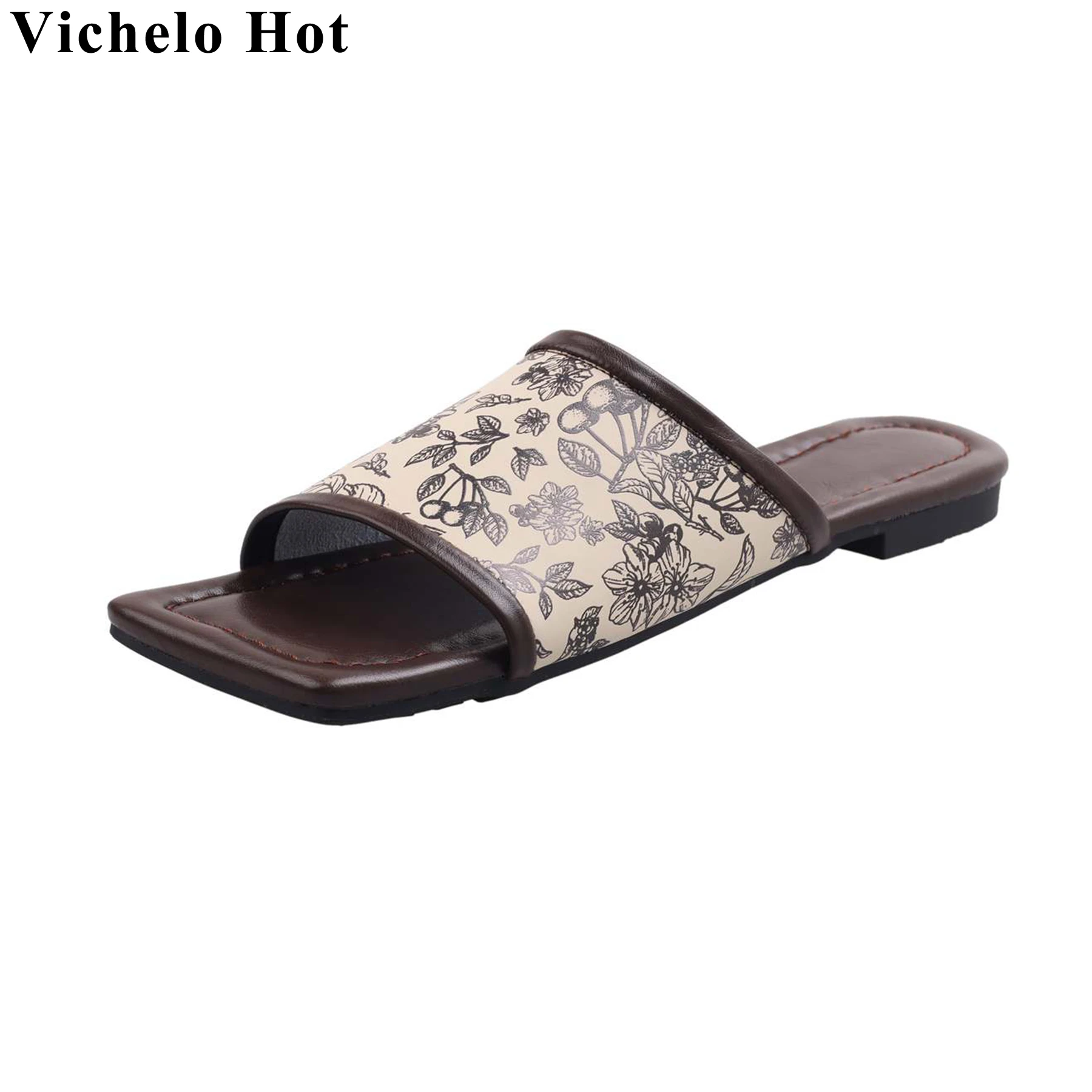 

Vichelo Hot Sheepskin Peep Toe Chinese Style Print Slingback Mules Casual Slides Brand Vacation Elegant Outside Women Slippers