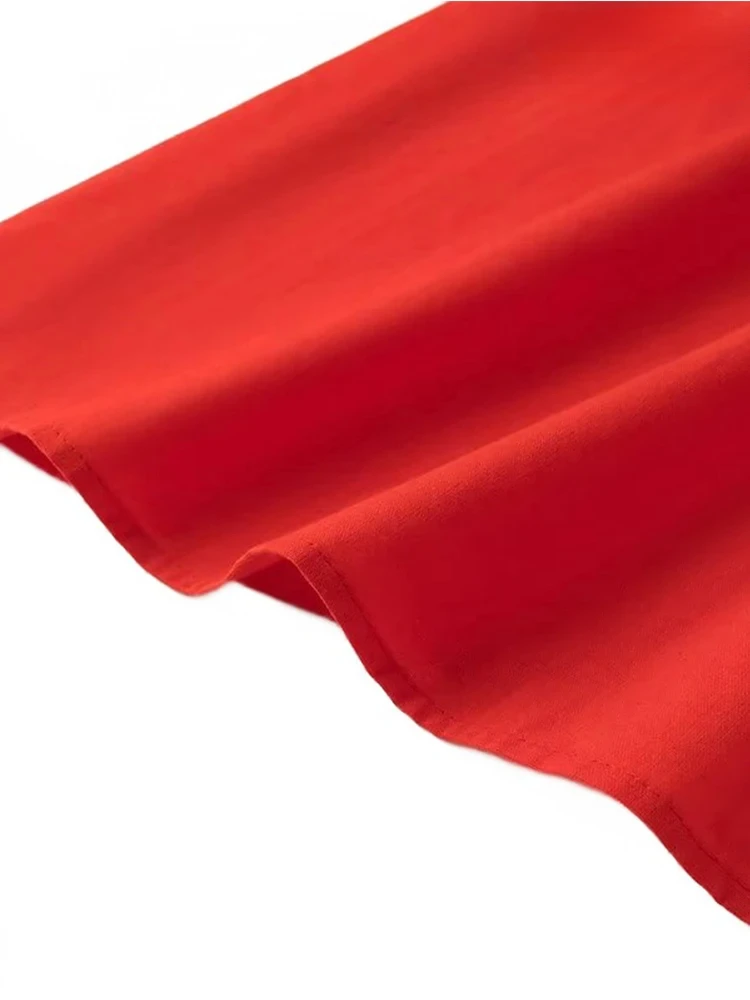 Women Fashion Simple Red Embroidery Halter Dress Long V-Neck Temperament Dress Elegant Koi Embroidery Decoration Dresses