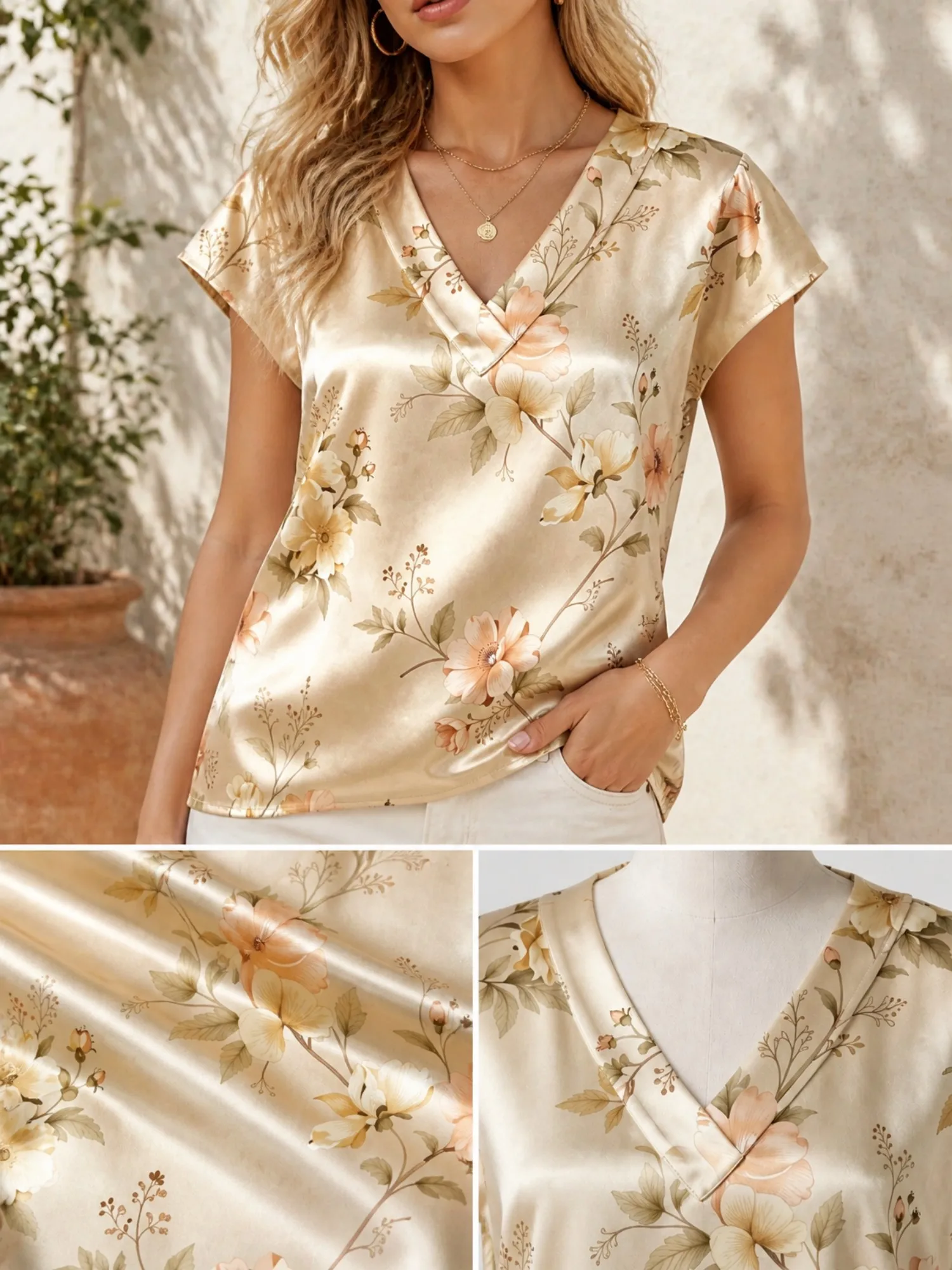 Floral Satin V Neck Top for Women Cap Sleeve Soft Draped Fit Silky Garden Party Daily Wear Lightweight Breathable Versatile Airy
