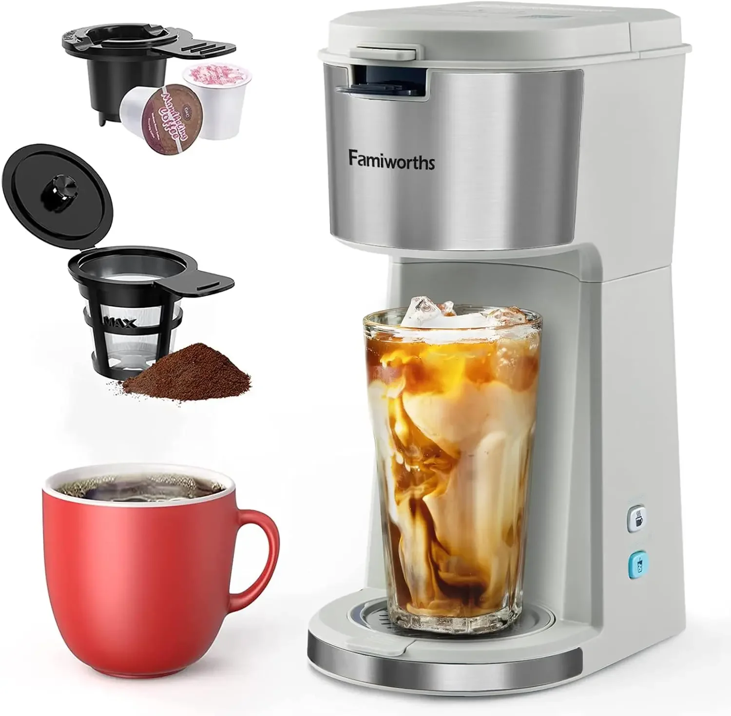 Iced Coffee Maker, Hot and Cold Coffee Maker Single Serve for K Cup and Ground, with Descaling Reminder and Self Cleaning