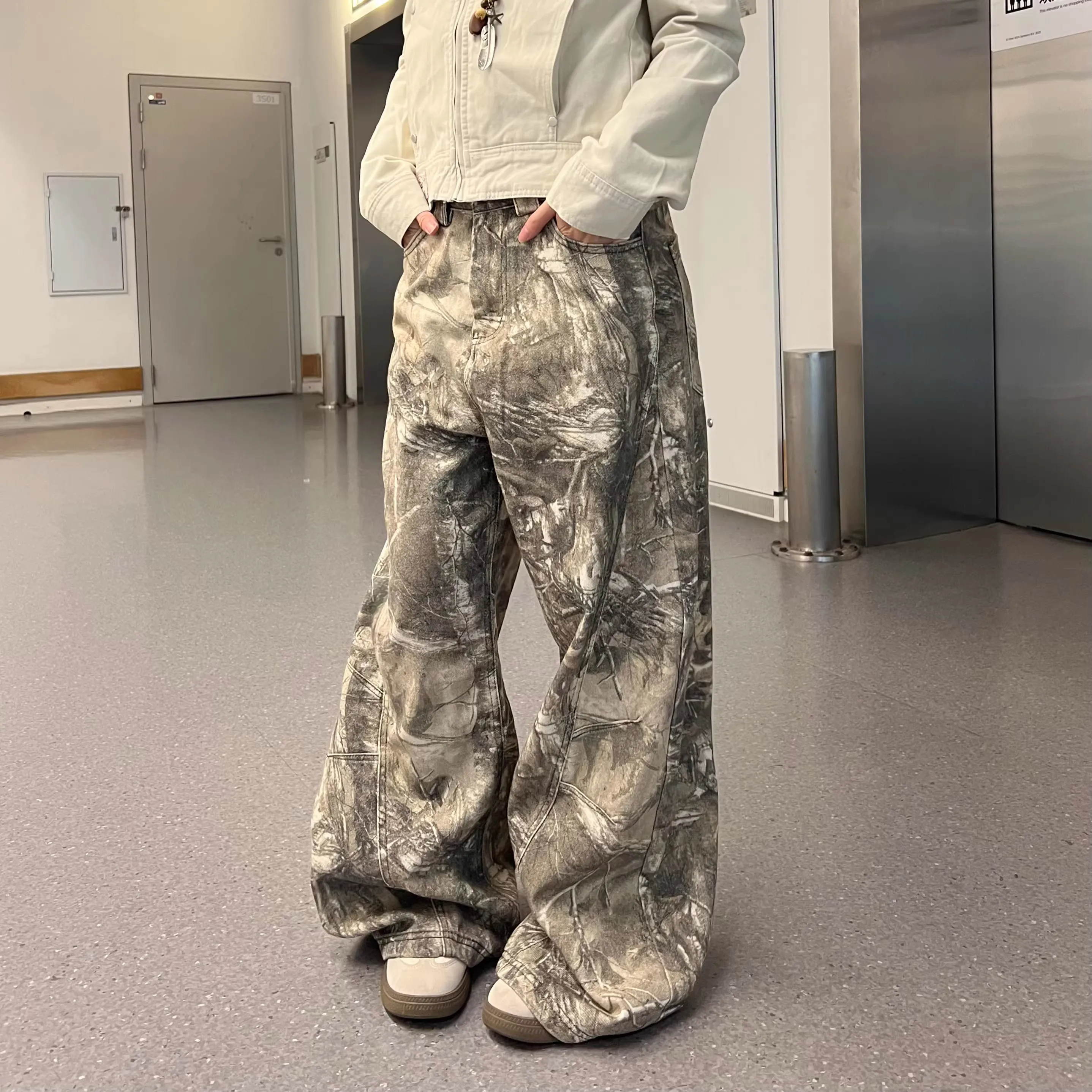 

Джинсы с принтом ветки дерева для женщин, джинсовые брюки с вышивкой, свободные американские повседневные широкие джинсы, брюки с высокой талией