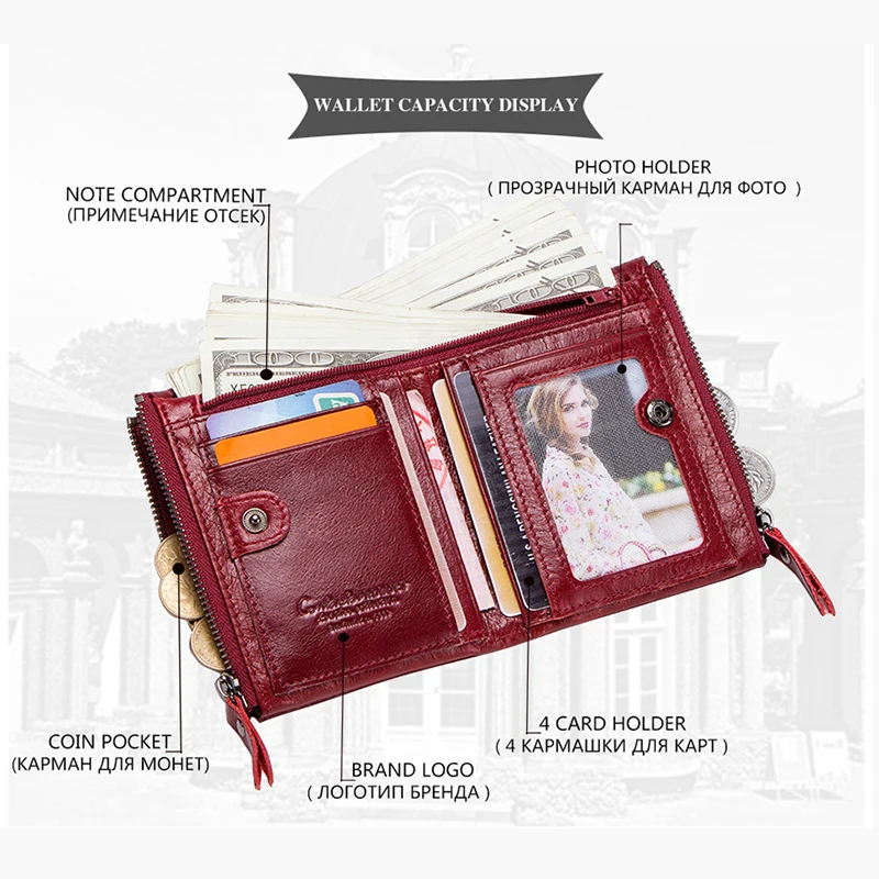 CONTACT'S Genuine Leather Fashion Purses for Woman Bifold Purses Credit Card Holder Wallets Business Coin Purse Money Clip