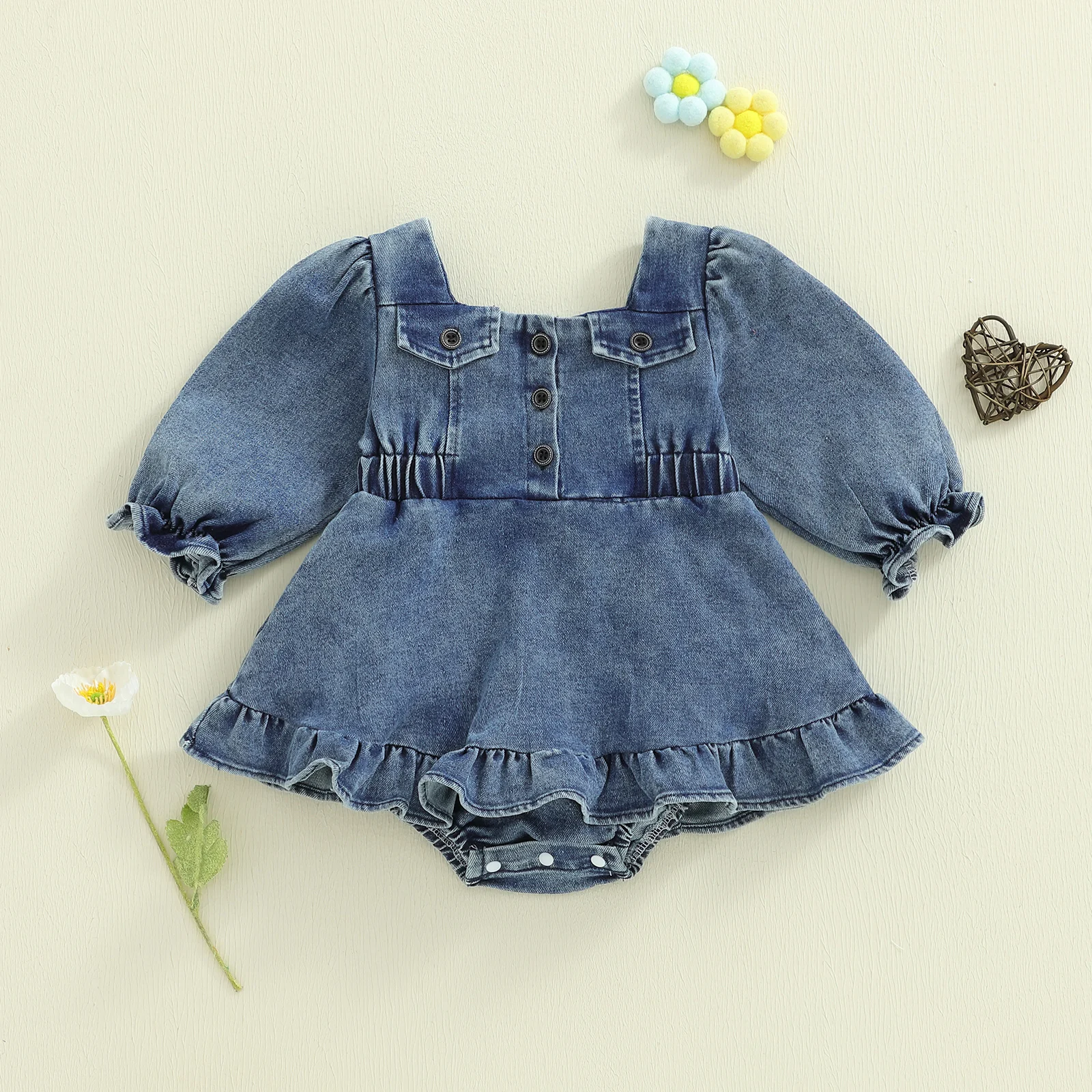

Infant Girl Romper Dress Fall Square Neck Solid Color Lantern Long Sleeve Denim Bodysuit Baby Clothing 0-24M