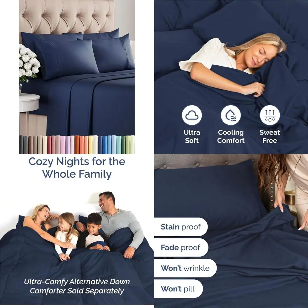

Ultra-Soft Navy Blue Bedding Set with 8-16 Inch Pockets: 1 Flat & 1 Fitted Sheet + 4 Pillowcases for Hotel Luxury Comfort