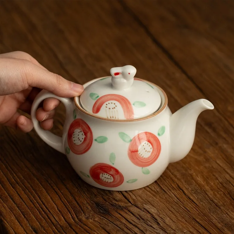 Japanese-Style Mino-yaki Hand-Painted Cherry Blossom & Rabbit Teapot with Strainer, Elegant Tea Brewing Set