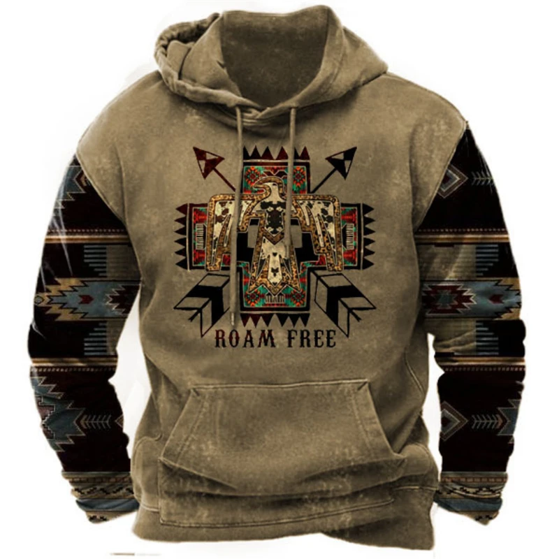 Vintage Indian Printed Men\'s Hoodie New Harajuku Clothing Streetwear Unisex Hooded Sweatshirt Male Brand Casual Pullover Tops