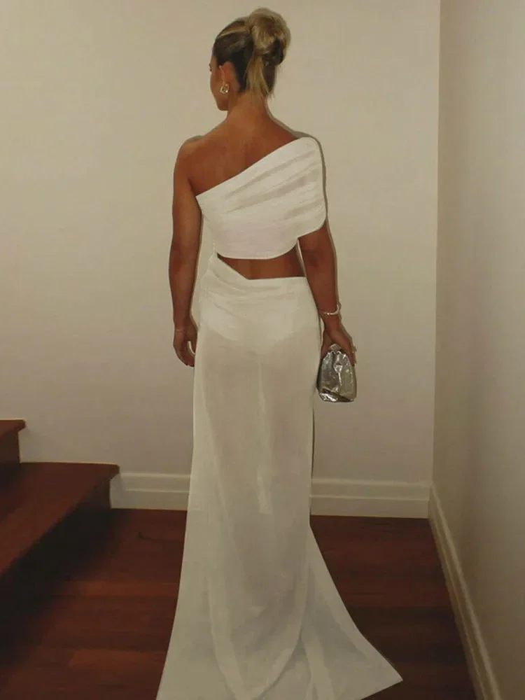 

Mesh Hollow Out Sexy Backless Fashion Maxi Dress For Women See Through One Sleeveless Ruched Bodycon Club Long Dress