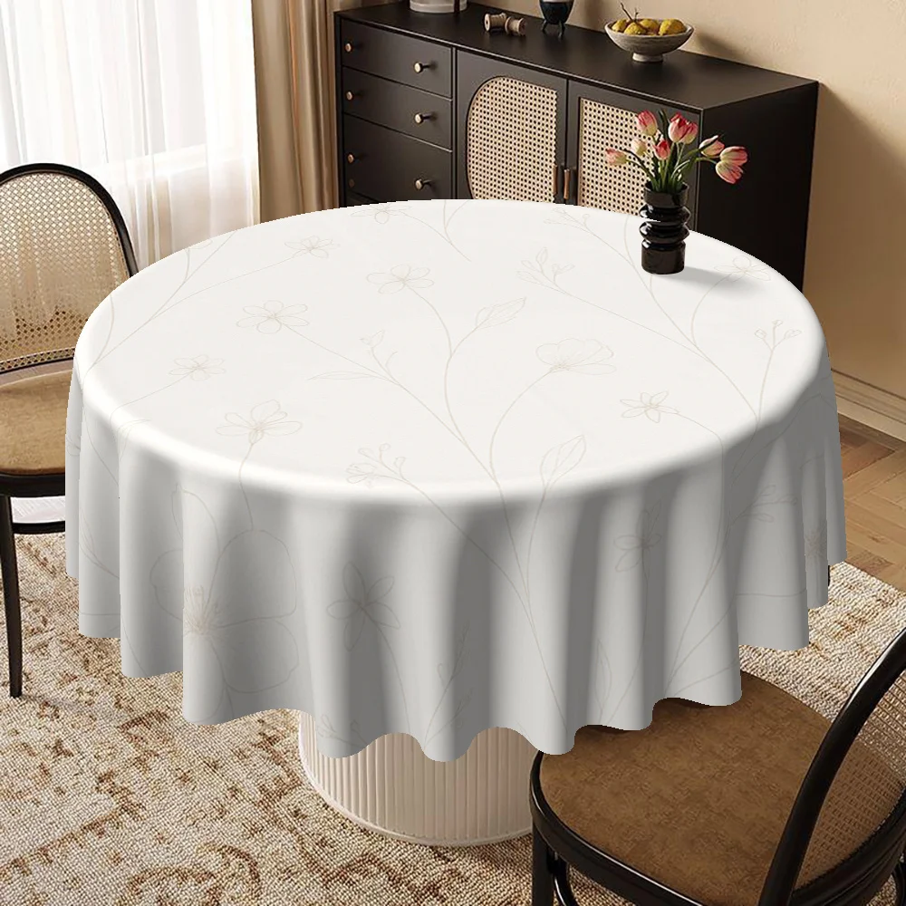 Circular tabletop cover, with a light beige floral pattern design.