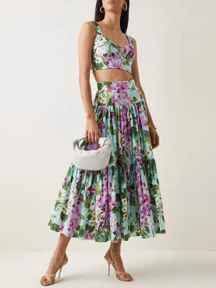 2026 Summer Women's Clothing Retro Print Sexy Tube Top Suspender Top Two-piece Set + High Waist Pleated Loose Skirt Fashion Suit