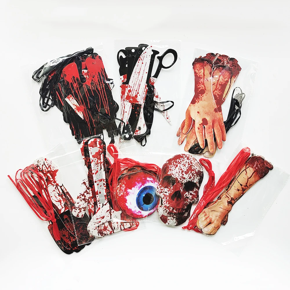 Halloween Terror Banner Blood Hand Foot Knife Skeleton Horror Flag Pulling Ghost Festival Decor Happy Halloween Party Decor