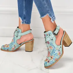 Women's Embroidered & Studded Decor Chunky Heeled Shoes, Slingback Faux Leather Ankle Boots