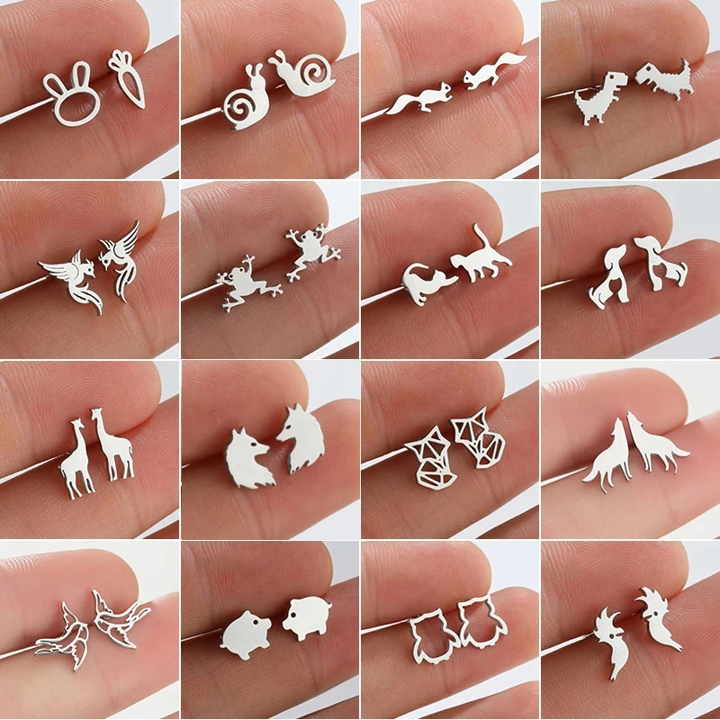 Multiple Stainless Steel Animal Stud Earrings Women Minimalist Rabbit Dog Cat Dinosaur Earings Piercing Jewelry Snail Oorbellen