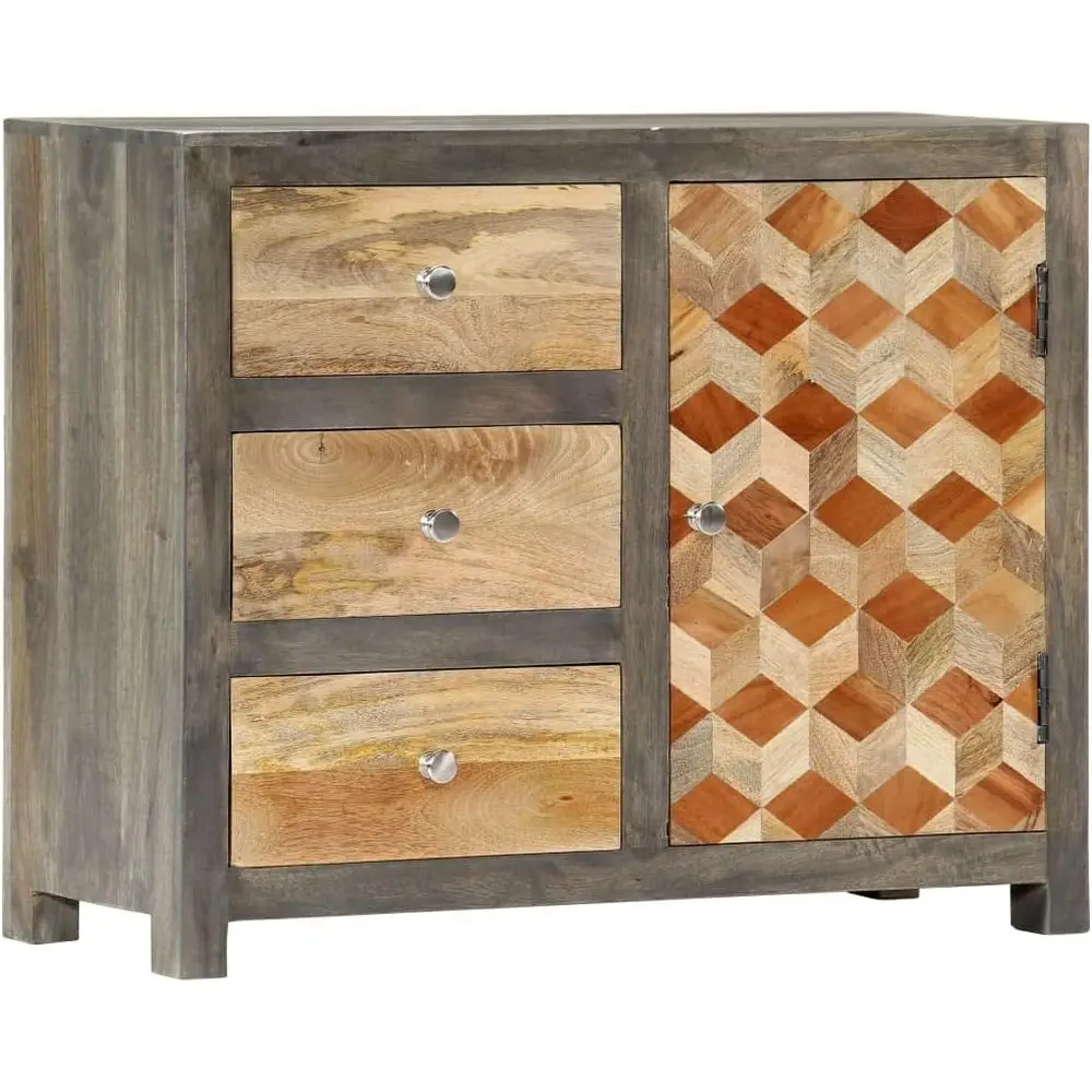 

Mango Wood Side Cabinet for Living & Bedroom, 11.8x29.5x23.6 in, Grey Door, Geometric Design, Shoe Storage