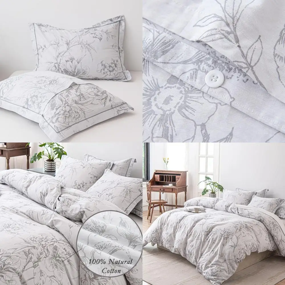 

Комплект постельного белья из 100% натурального хлопка, 3 предмета – пододеяльник серо-белого цвета с роскошными серыми цветами и ветвями, ботанический дизайн «Коморы»
