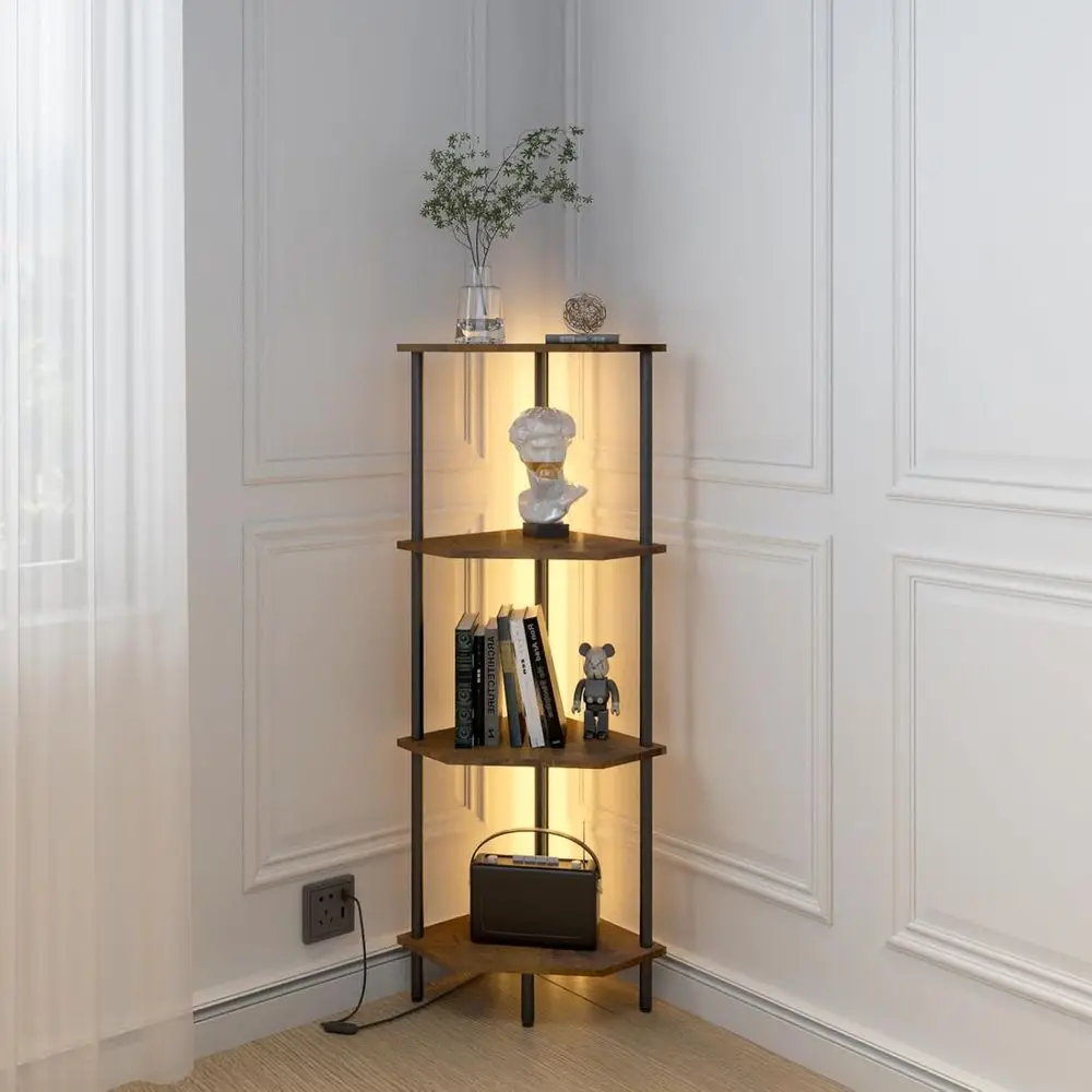 

Compact LED-lit Corner Bookshelf: Rustic Brown & Black, Ideal for Small Spaces, Multi-Room Use