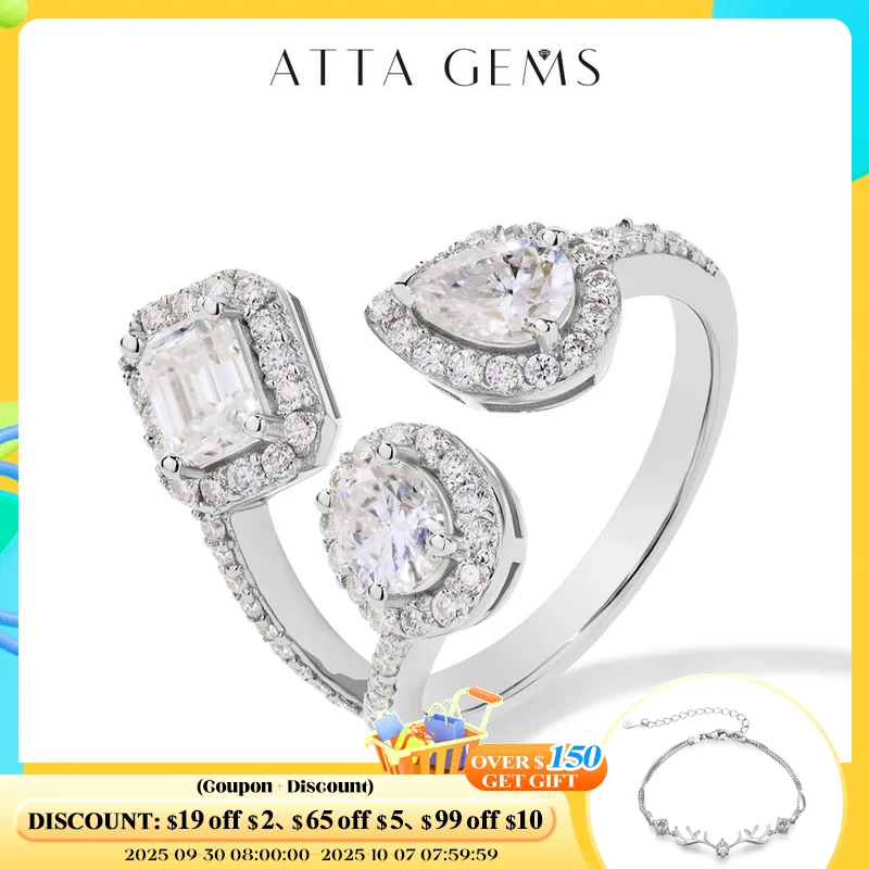 

ATTAGEMS 1.85CTW Oval Pear Emerald Cut Lab Moissanite Diamond Rings for Women Solid 925 Sterling Silver Adjustable Fine Jewelry