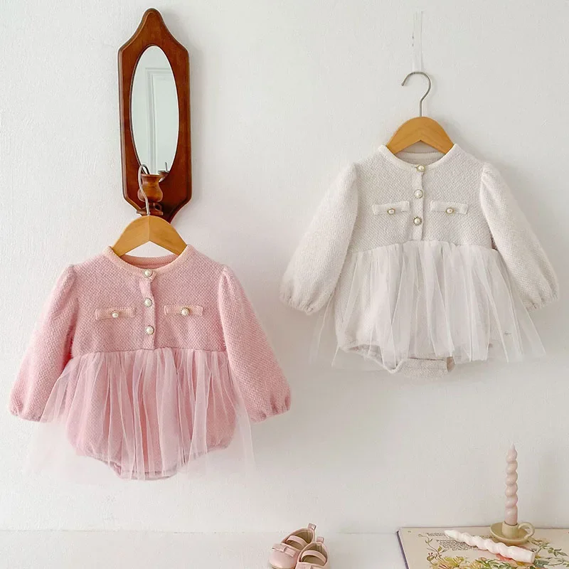 

2024 New Autumn Newborn Baby Girls Bodysuits Long Sleeved Mesh Splicing Infant Baby Girls Jumpsuit Children Clothes