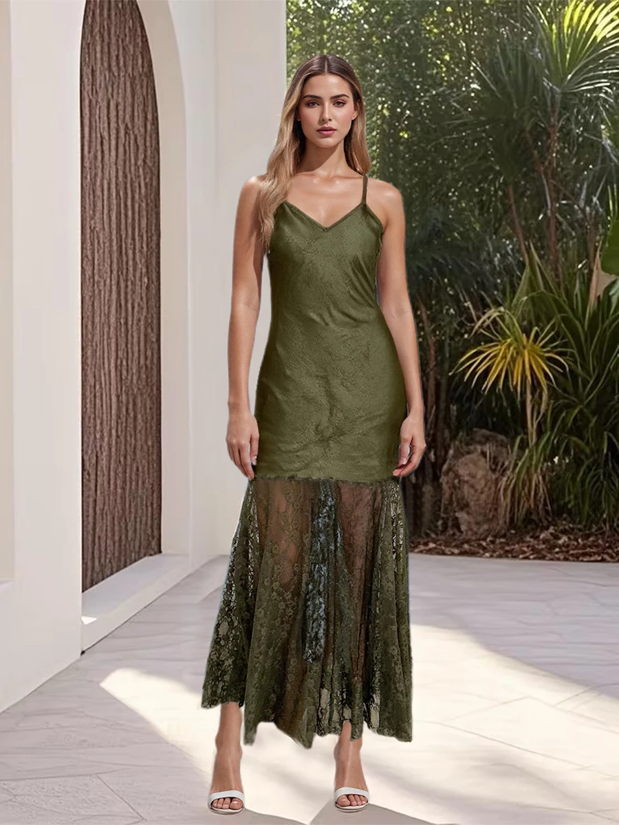 Nuovo abito lungo da donna patchwork in pizzo con scollo a V cinturino per spaghetti abito Cami moda estiva abito casual senza maniche SML