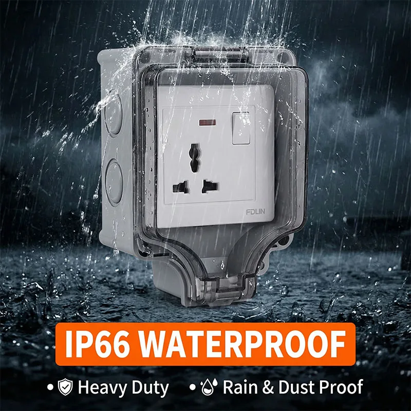 

IP66 Industrial Grade Outdoor Waterproof Storm-Proof Power Charging Panel Wall Mount EU US UK Thai Socket