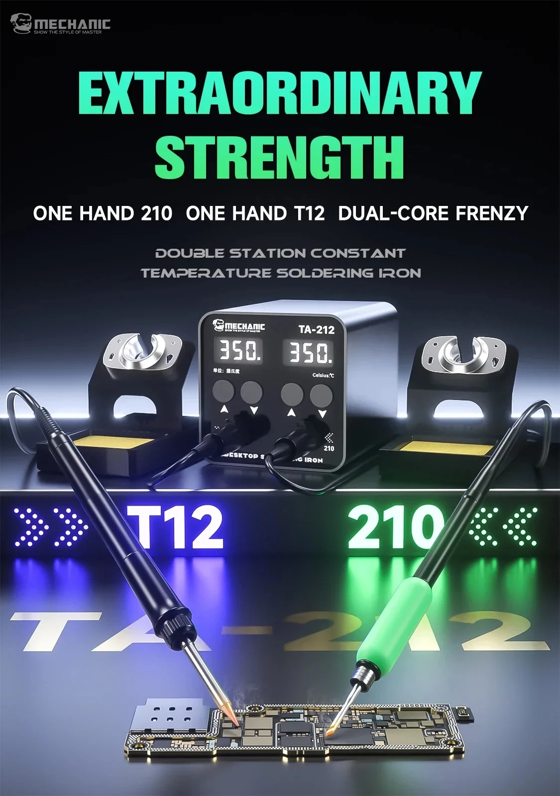 station-de-soudage-double-canal-mechanic-ta-212-avec-poignees-c210-t12-ecran-led-controle-precis-de-la-temperature-kit-d'outils-de-reparation