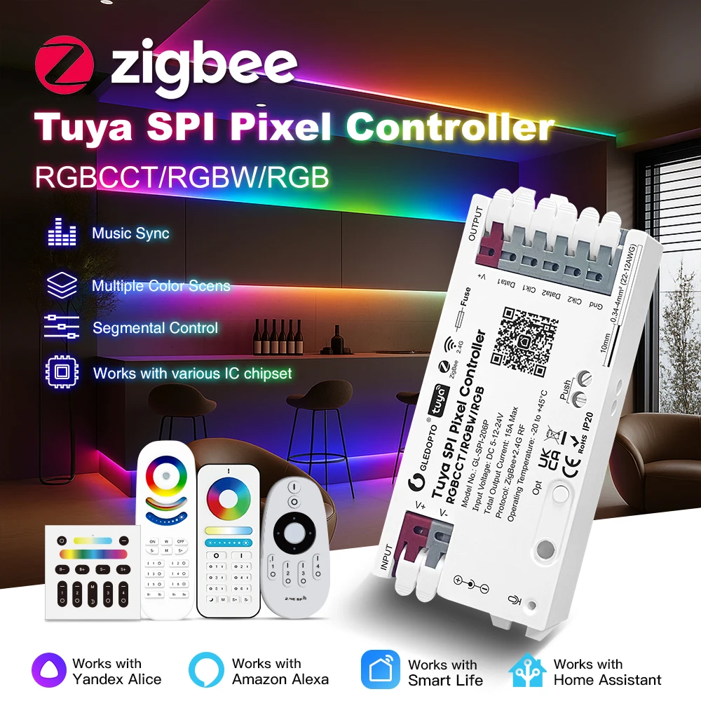 

ZigBee Tuya SPI Pixel LED Strip Light Controller Smart Life APP Control RGB IC Dynamic Lighting Static Mode Music Sound WS2811