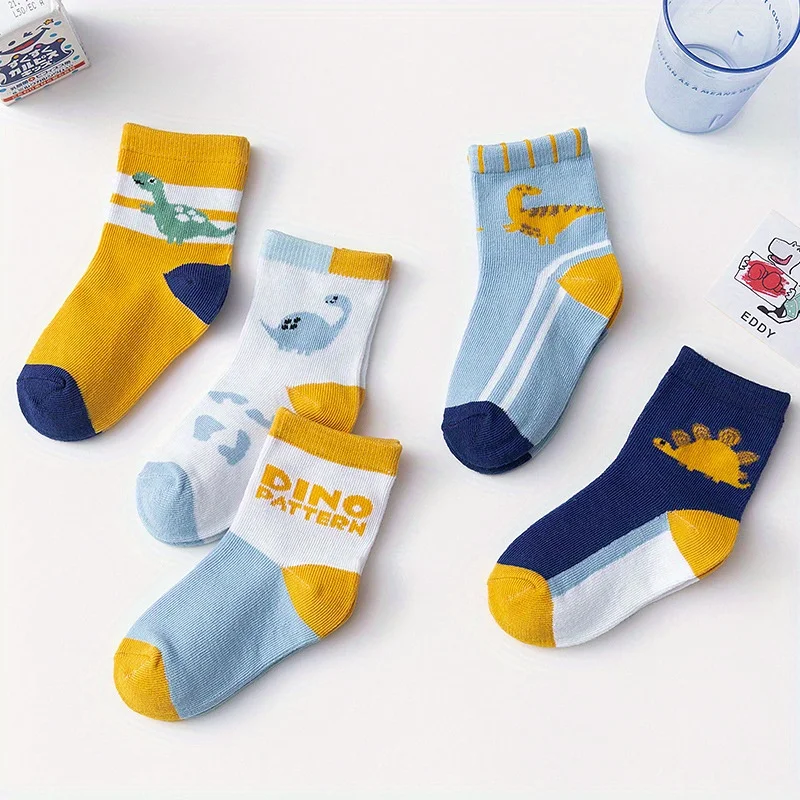 5 Pairs Kids Dinosaur Cotton Socks Boys Cute Cartoon Mid‑Calf Soft Breathable Children Socks