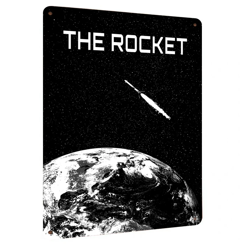 Space Rocket Earth Black White Illustration Metal Tin Sign Home Wall Decor Modern Minimalist Unframed Hanging Painting